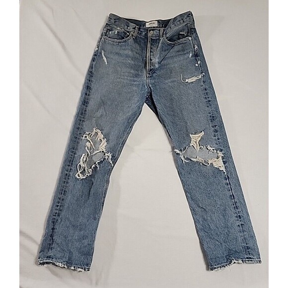 AGOLDE 90s Mid Rise Straight Jeans Womens 27 Button Fly  Denim‎ Distressed Worn - Picture 1 of 16